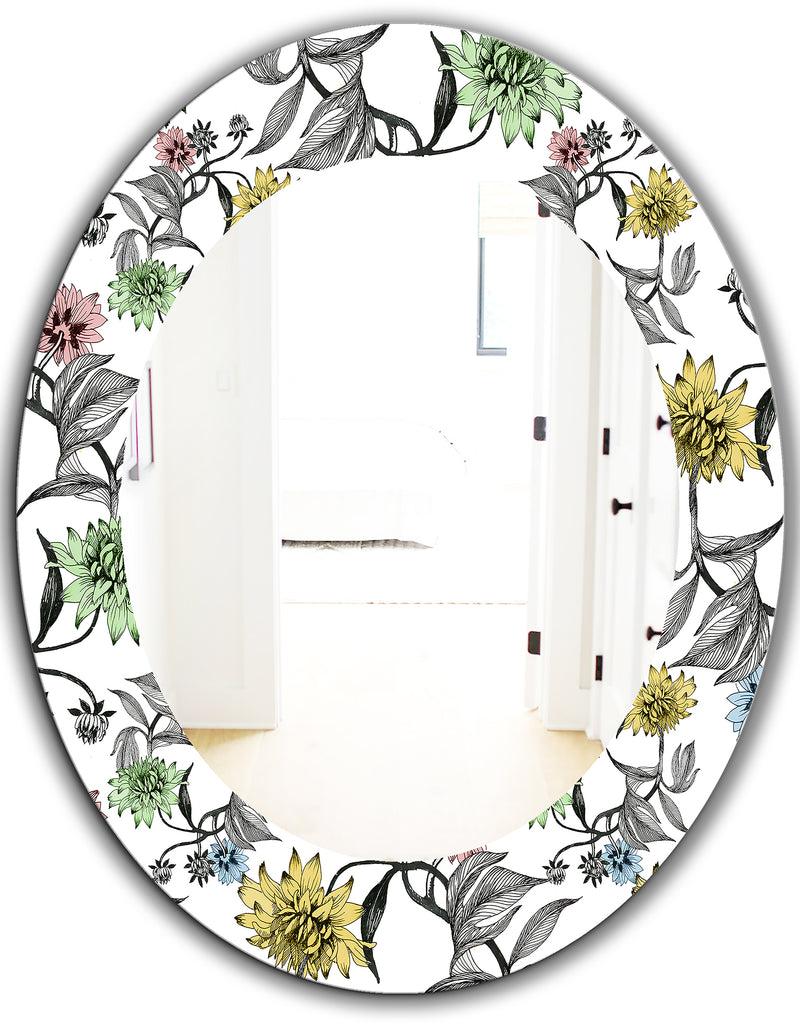 DesignQ Vintage Flowers 3 - Traditional Mirror - Frameless Oval Or Round Wall Mirror