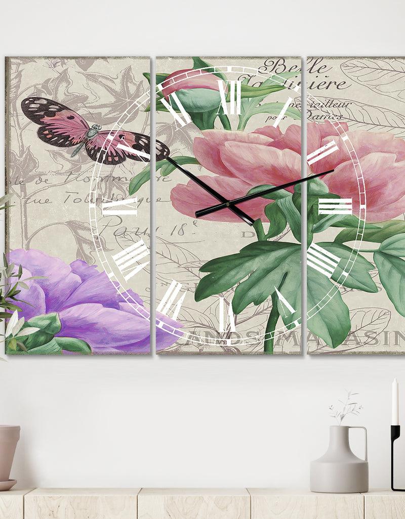 DesignQ Vintage Flowers II - Large Cottage Wall Clock - 3 Panels