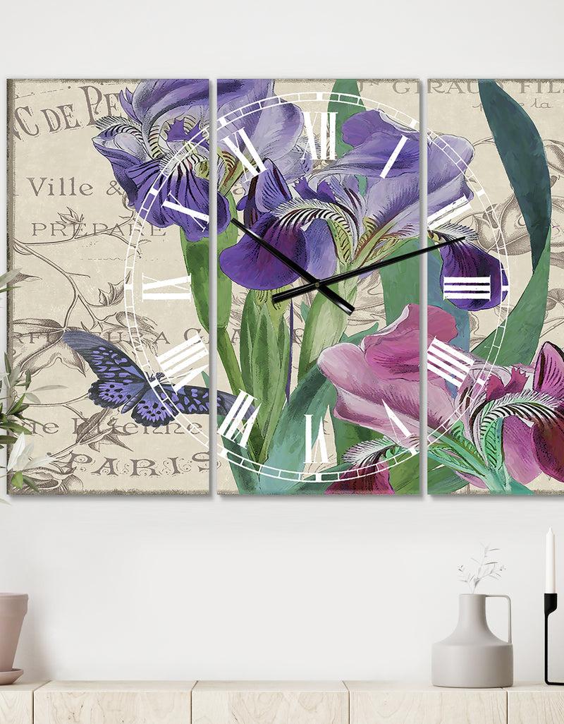 DesignQ Vintage Flowers III - Oversized Cottage Wall Clock - 3 Panels