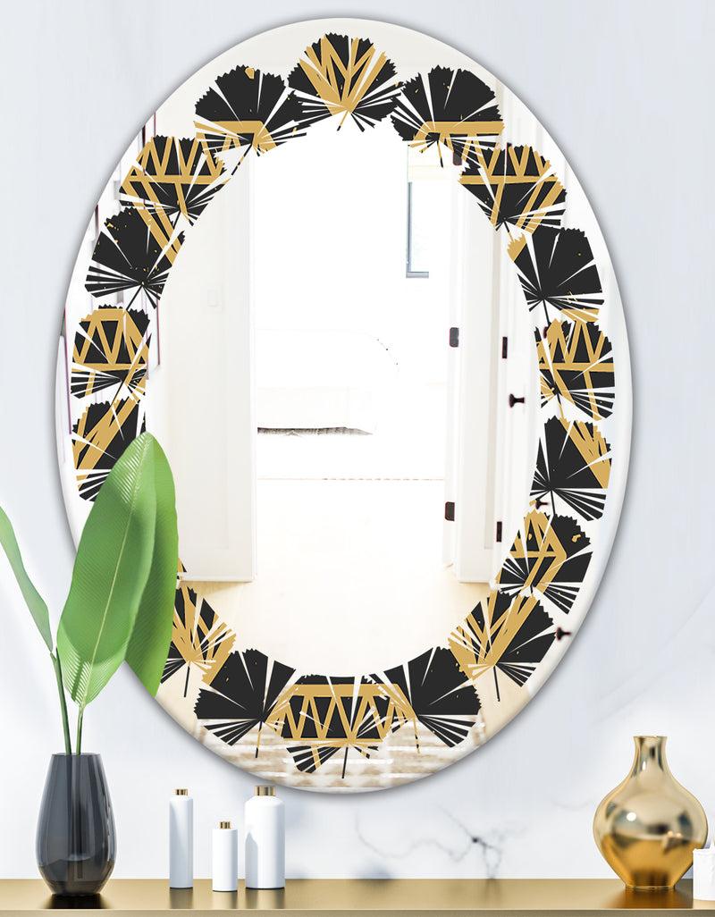 DesignQ Vintage Golden Diamonds - Modern Round Or Oval Wall Mirror - Leaves