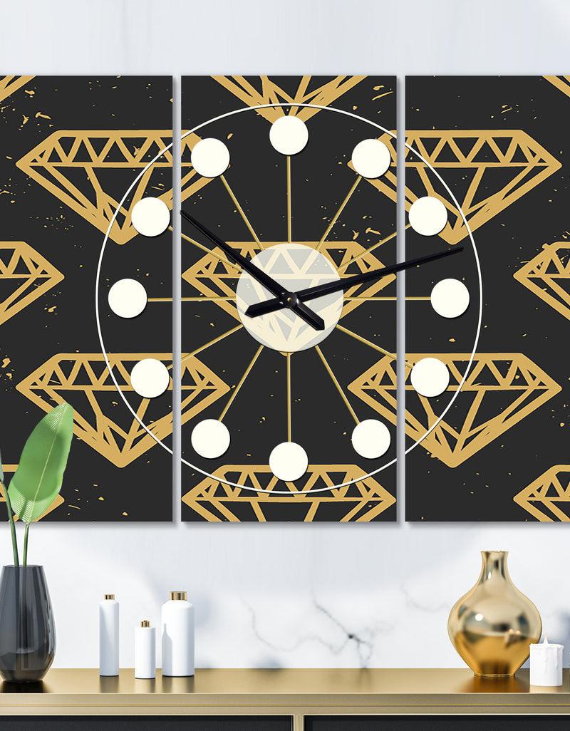 DesignQ Vintage Golden Diamonds - Oversized Mid-Century wall clock - 3 Panels