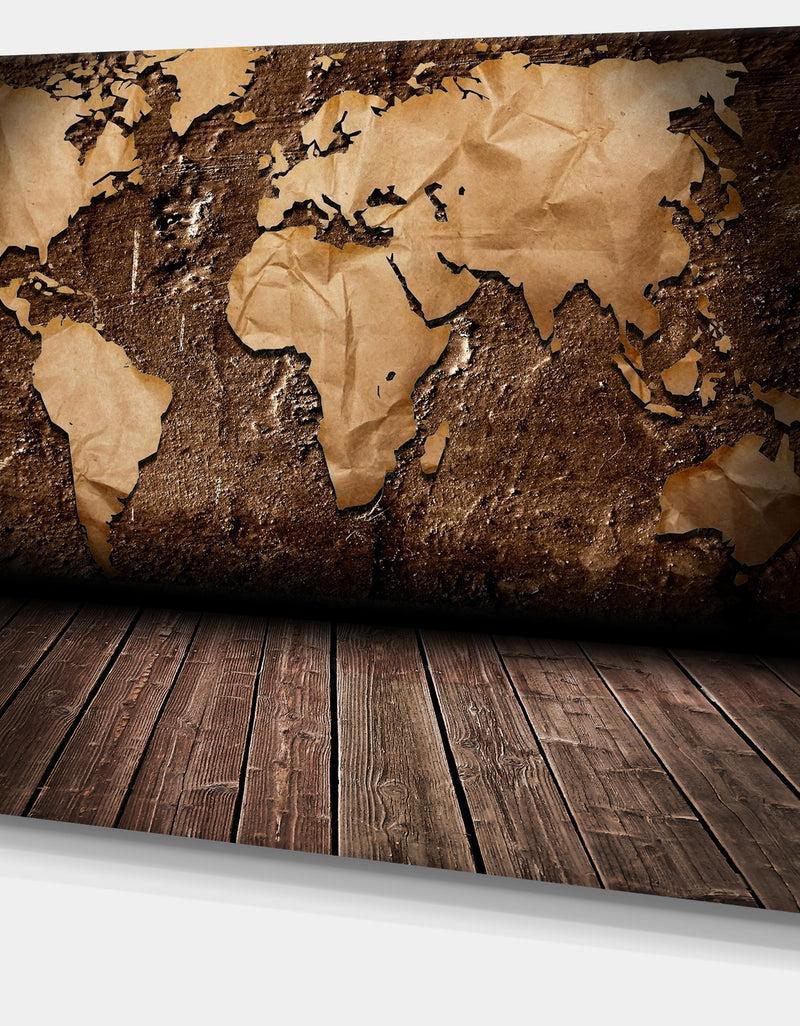 DesignQ Vintage Map With Wooden Floor - Contemporary Canvas Art Print
