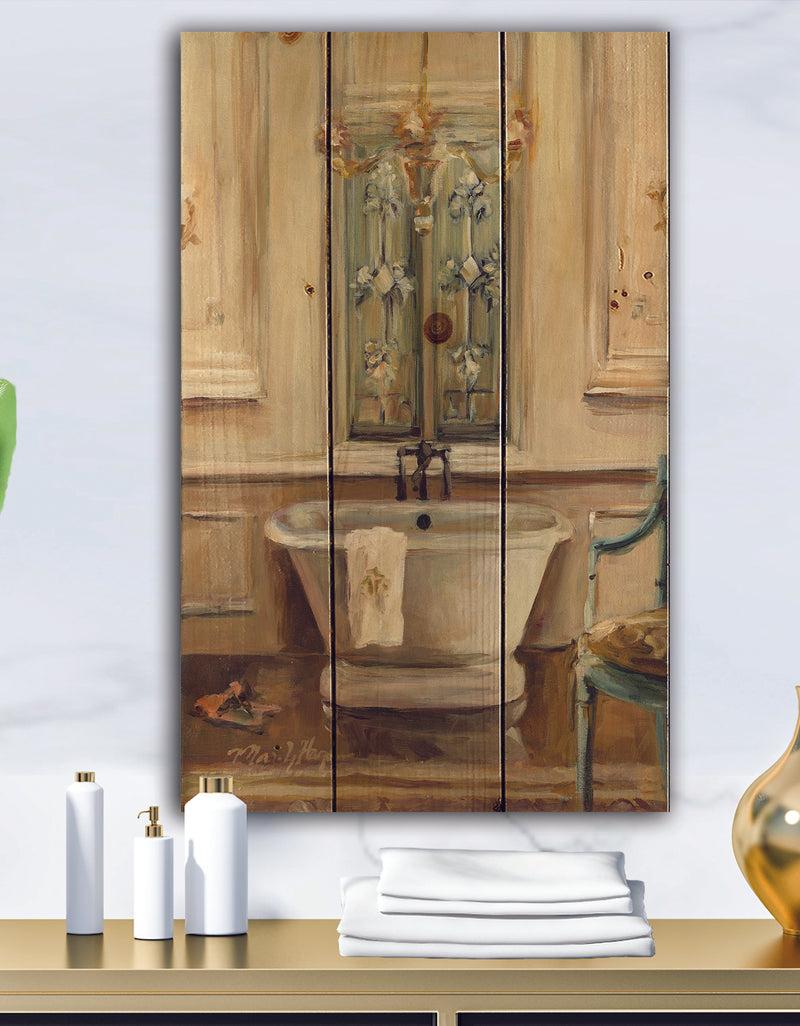 DesignQ Vintage Paris Bathtub Painting - Traditional Bathroom Print on Natural Pine Wood