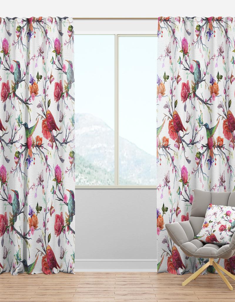 DesignQ Vintage Pattern: Bird Flowers Leaves - Farmhouse Curtain Panels