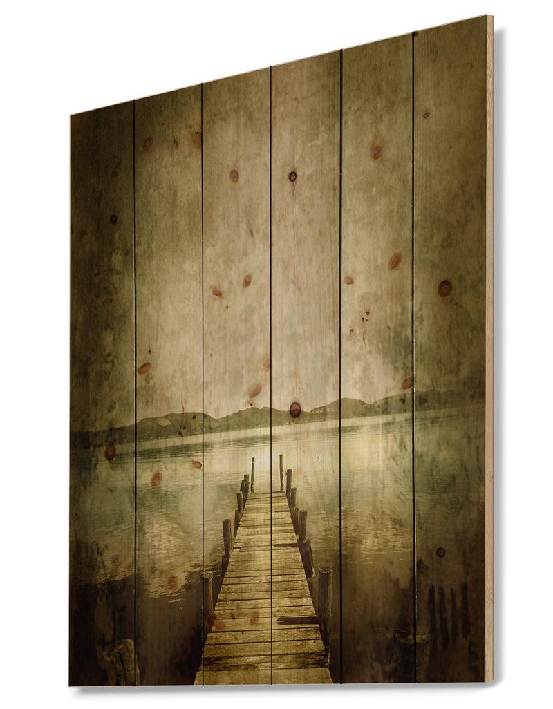 DesignQ Vintage Pier Over Lake - Landscape Print On Natural Pine Wood