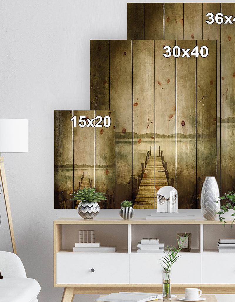 DesignQ Vintage Pier Over Lake - Landscape Print On Natural Pine Wood