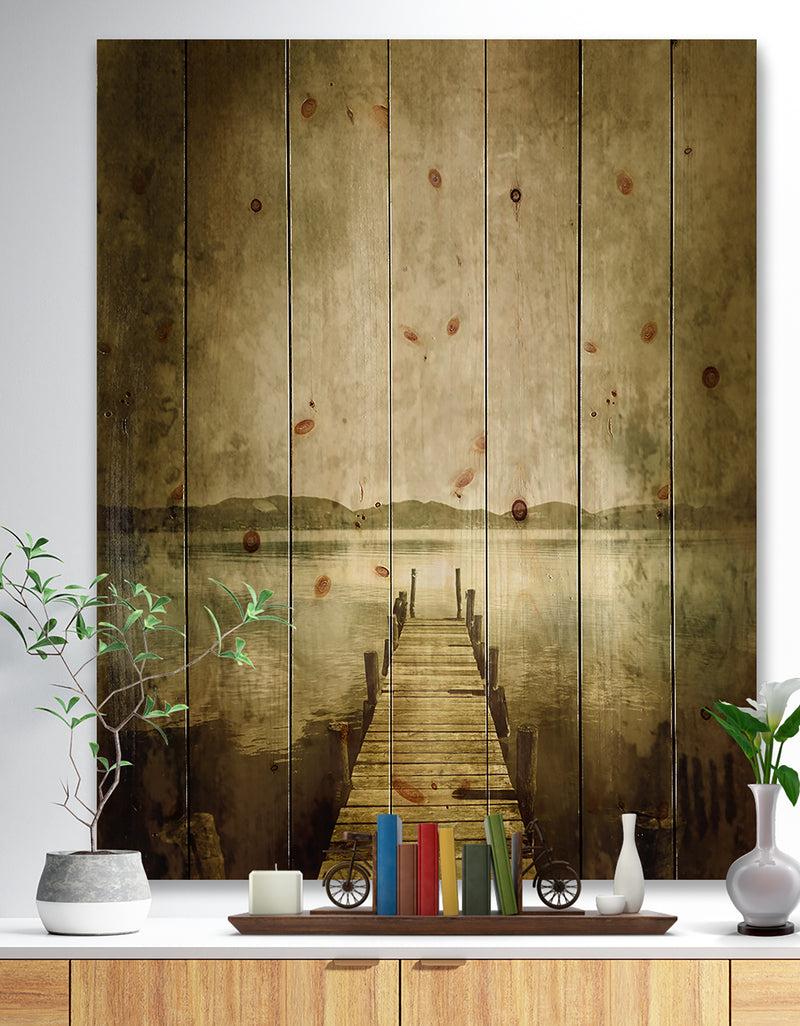 DesignQ Vintage Pier Over Lake - Landscape Print on Natural Pine Wood