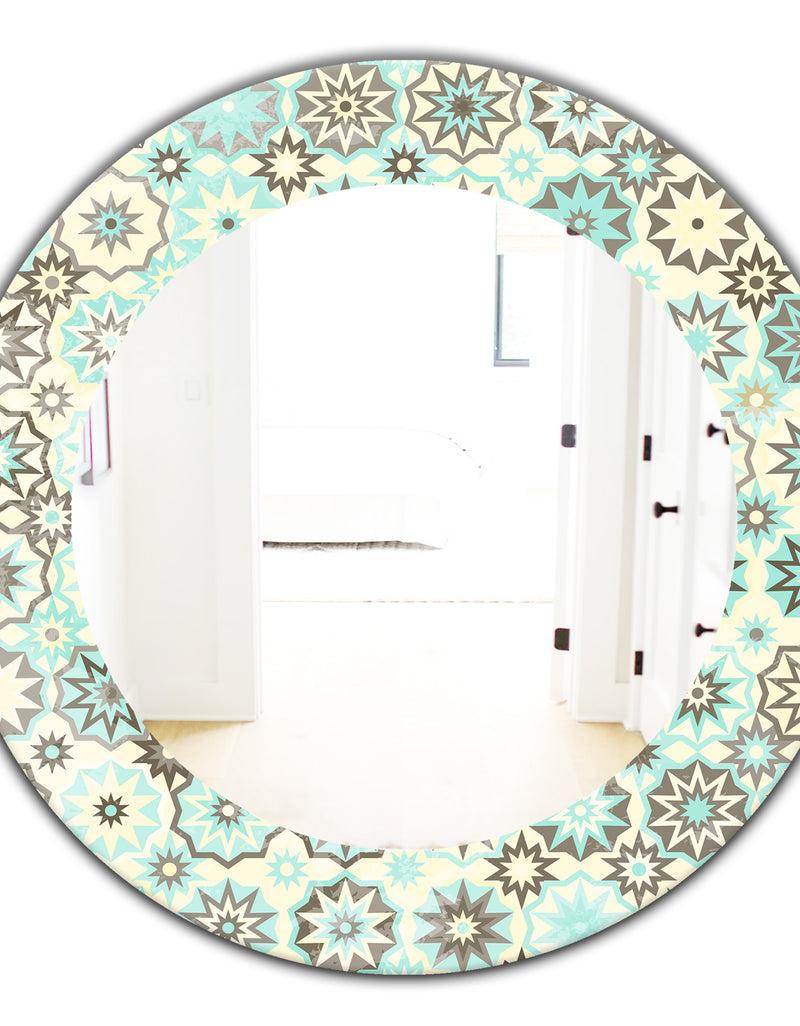 DesignQ Vintage Snowflakes In Turquoise And Yellow - Bohemian And Eclectic Mirror - Frameless Oval Or Round Wall Mirror