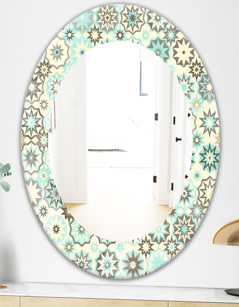 DesignQ Vintage Snowflakes In Turquoise And Yellow - Bohemian And Eclectic Mirror - Frameless Oval Or Round Wall Mirror