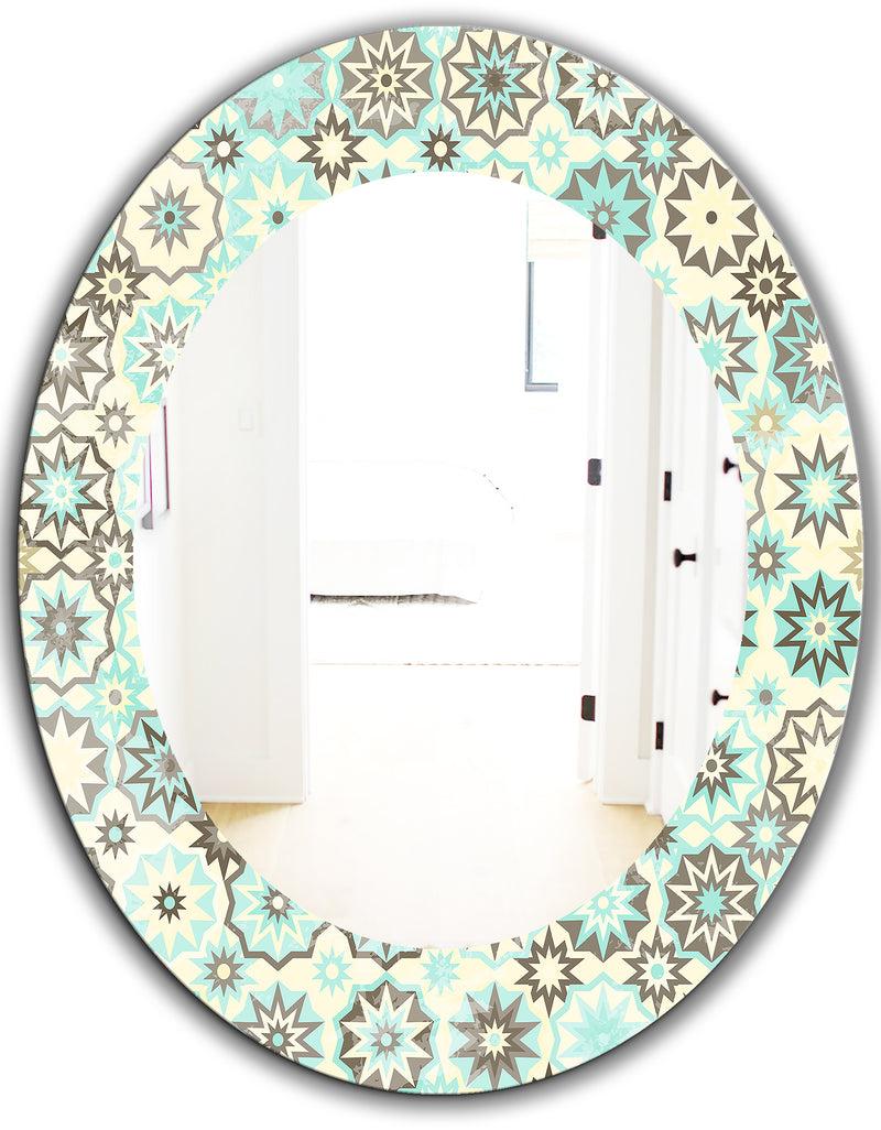 DesignQ Vintage Snowflakes In Turquoise And Yellow - Bohemian And Eclectic Mirror - Frameless Oval Or Round Wall Mirror