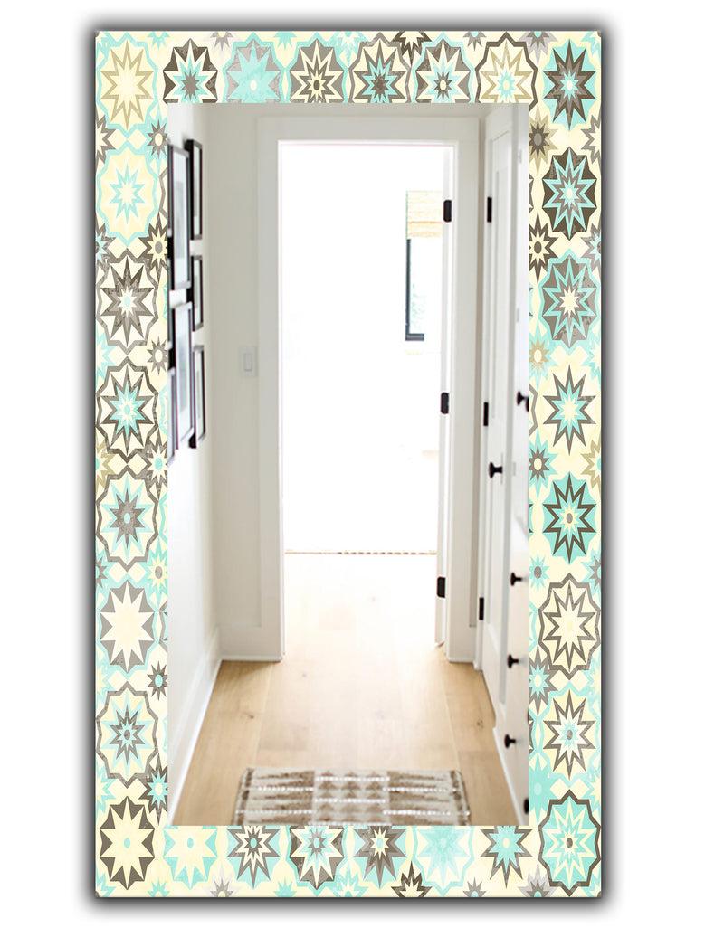 DesignQ Vintage Snowflakes In Turquoise And Yellow - Bohemian And Eclectic Mirror - Frameless Modern Wall Mirror