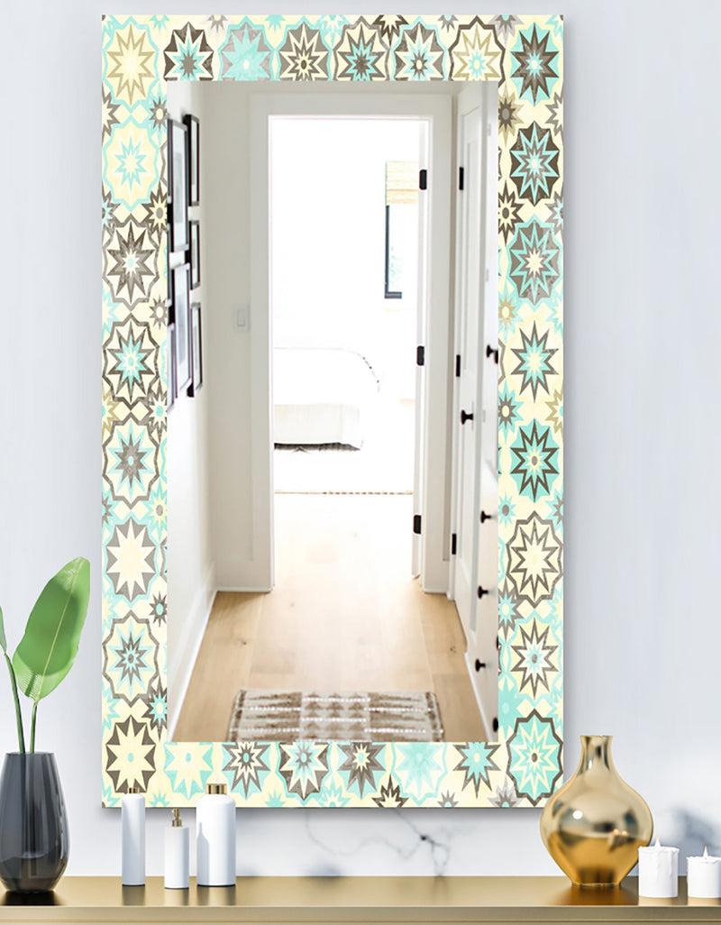 DesignQ Vintage Snowflakes In Turquoise and Yellow - Bohemian and Eclectic Mirror - Frameless Modern Wall Mirror