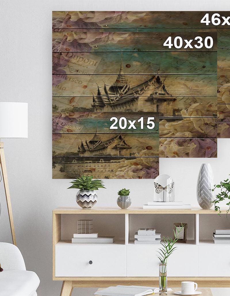 DesignQ Vintage Style Sky Castle - Contemporary Print On Natural Pine Wood