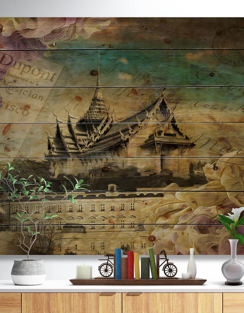 DesignQ Vintage Style Sky Castle - Contemporary Print on Natural Pine Wood