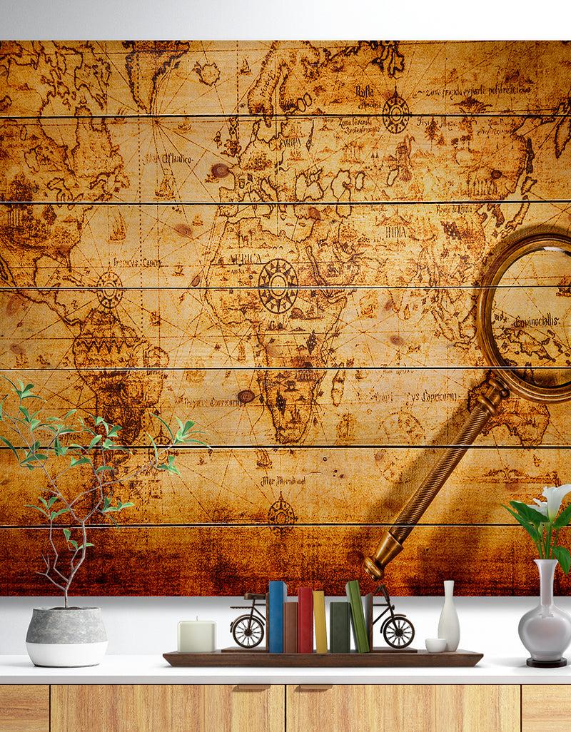 DesignQ Vintage World Map - Vintage Print on Natural Pine Wood