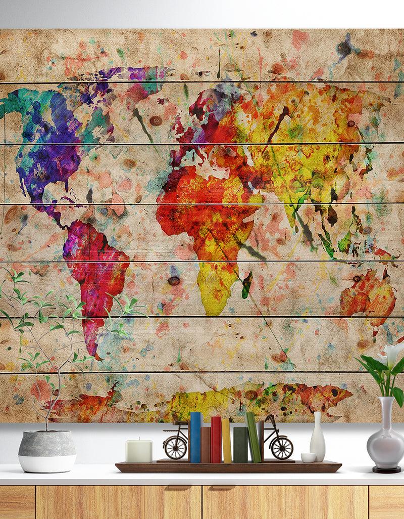 DesignQ Vintage World Map Watercolor - Map Print on Natural Pine Wood