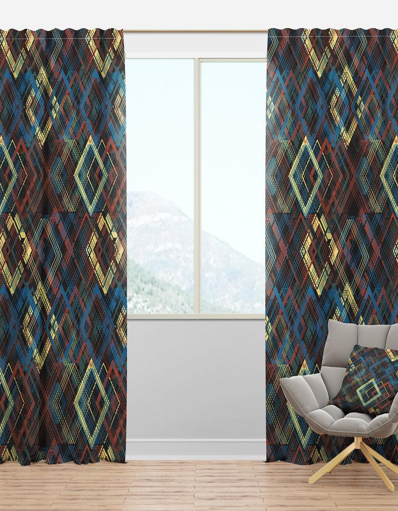 DesignQ Vintage yellow blue and blue diamond squares - Mid-Century Modern Curtain Panels