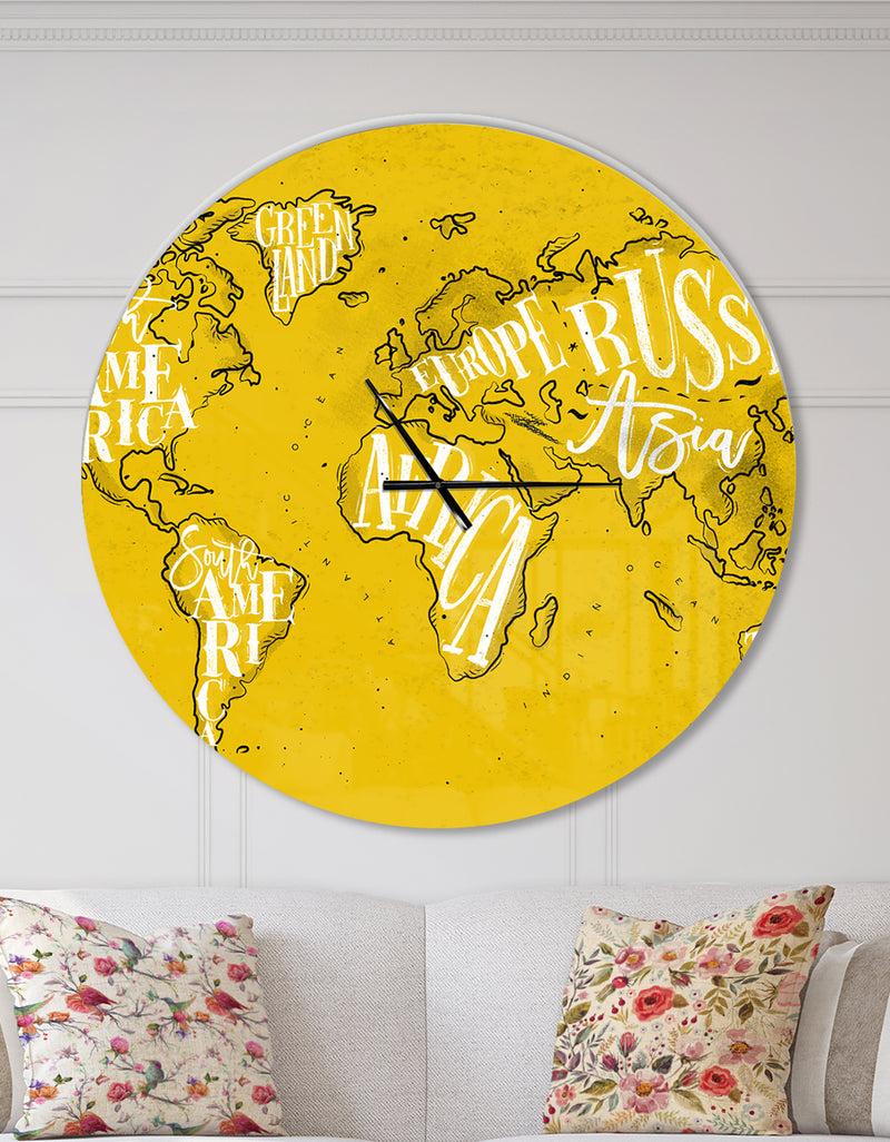 DesignQ Vintage Yellow Worldmap - Oversized Global Wall CLock