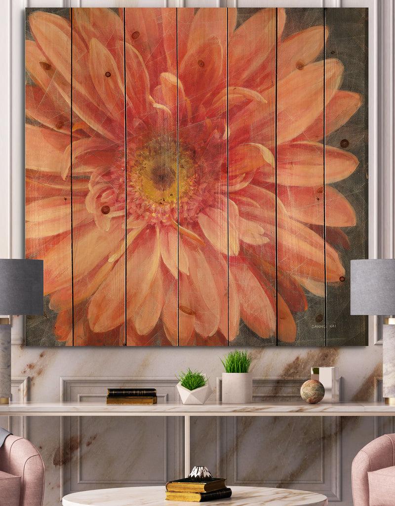DesignQ Vivid Orange Daisy II - Shabby Chic Print on Natural Pine Wood