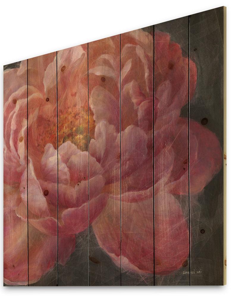 DesignQ Vivid Pink Peonies I - Shabby Chic Print On Natural Pine Wood