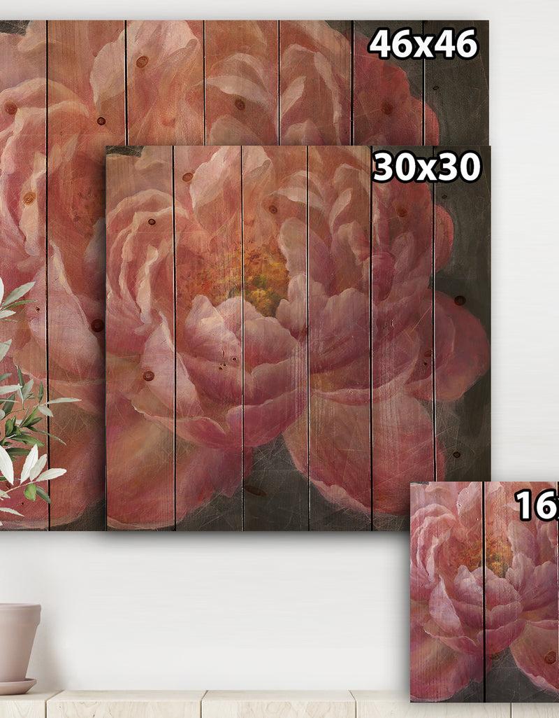 DesignQ Vivid Pink Peonies I - Shabby Chic Print On Natural Pine Wood