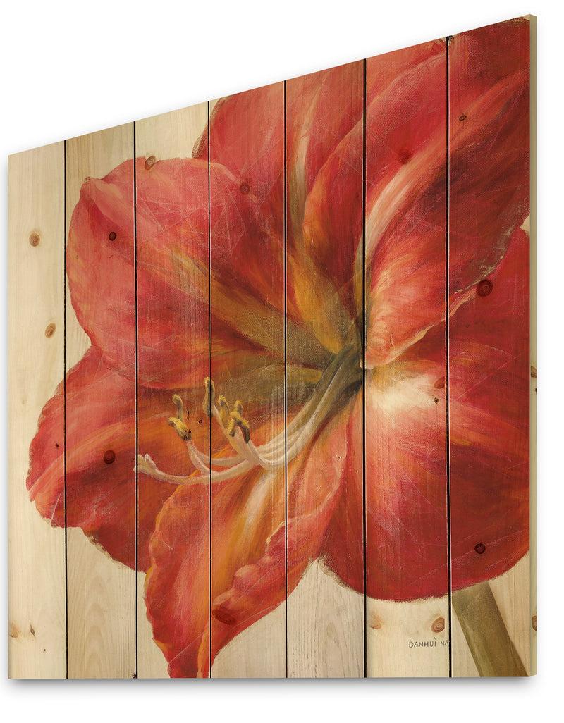 DesignQ Vivid Red Amaryllis - Floral & Botanical Print On Natural Pine Wood