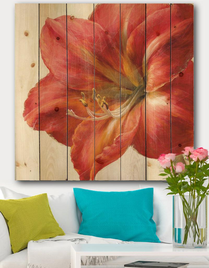 DesignQ Vivid Red Amaryllis - Floral & Botanical Print on Natural Pine Wood