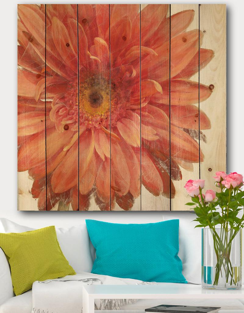DesignQ Vivid Red Daisy - Floral & Botanical Print on Natural Pine Wood
