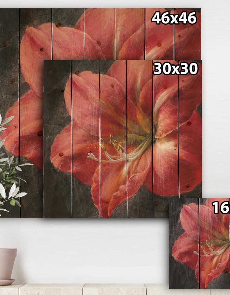 DesignQ Vivid Red Lily III - Shabby Chic Print On Natural Pine Wood