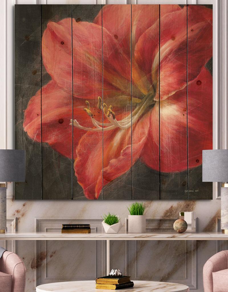DesignQ Vivid Red Lily III - Shabby Chic Print on Natural Pine Wood