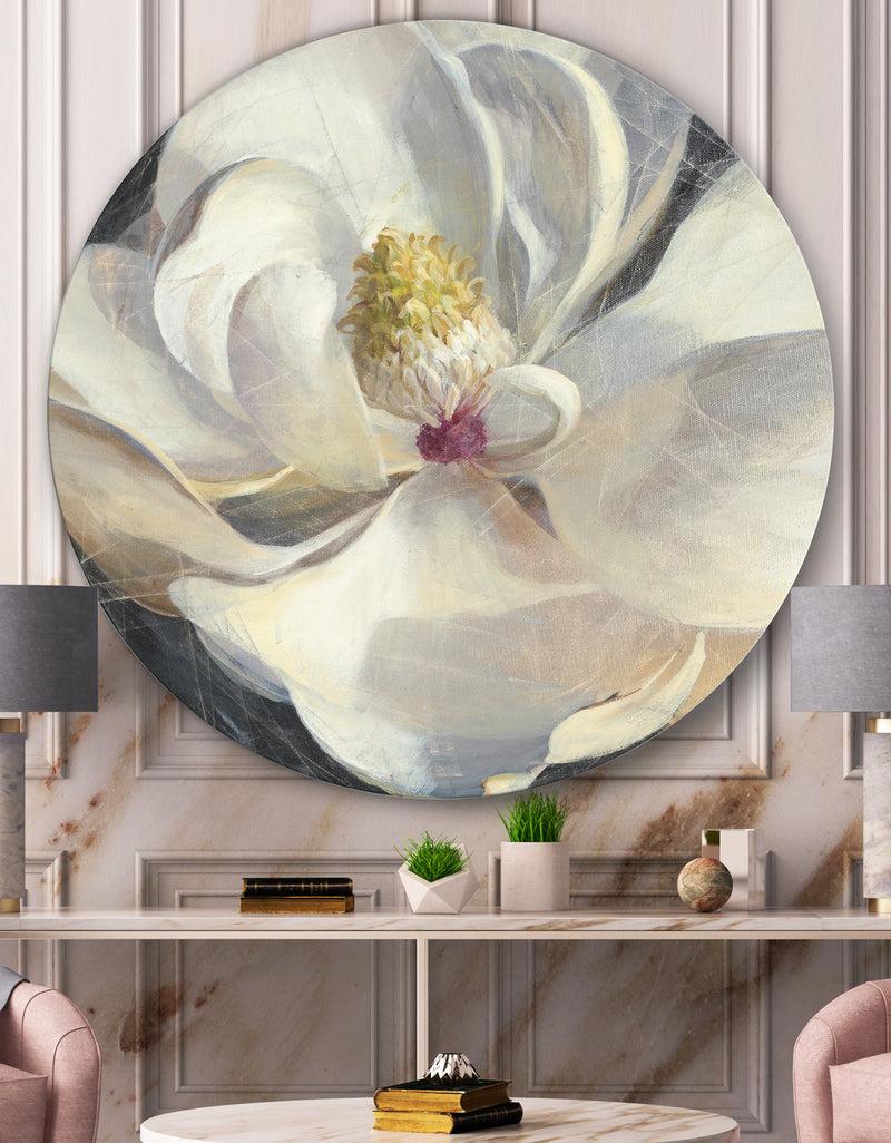 DesignQ Vivid White Magnolia IV - Shabby Chic Metal Circle Wall Art