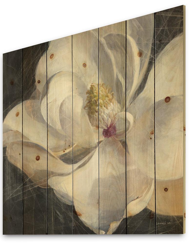 DesignQ Vivid White Magnolia IV - Shabby Chic Print On Natural Pine Wood