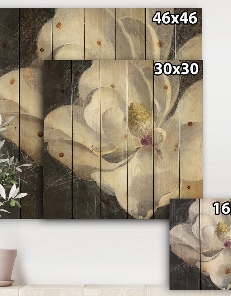 DesignQ Vivid White Magnolia IV - Shabby Chic Print On Natural Pine Wood