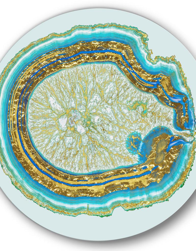 DesignQ Volcanoa Blue And Gold Agate - Modern Round Circle Metal Wall Decor Panel