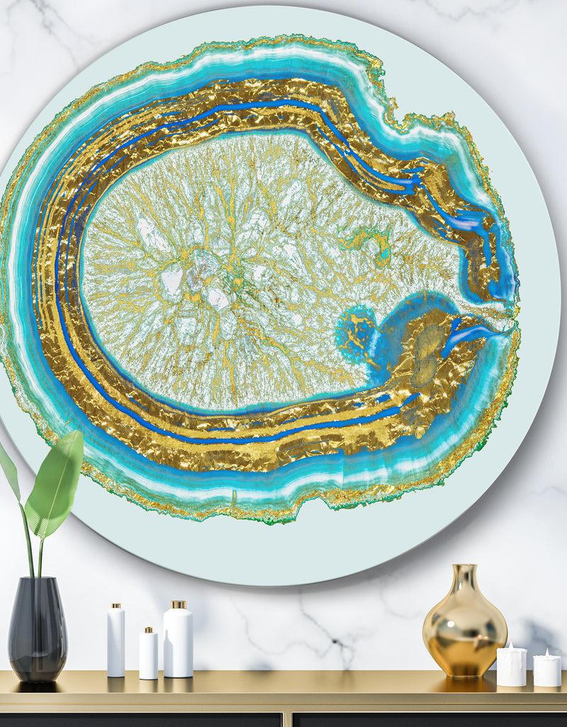 DesignQ Volcanoa Blue And Gold Agate - Modern Round Circle Metal Wall Decor Panel