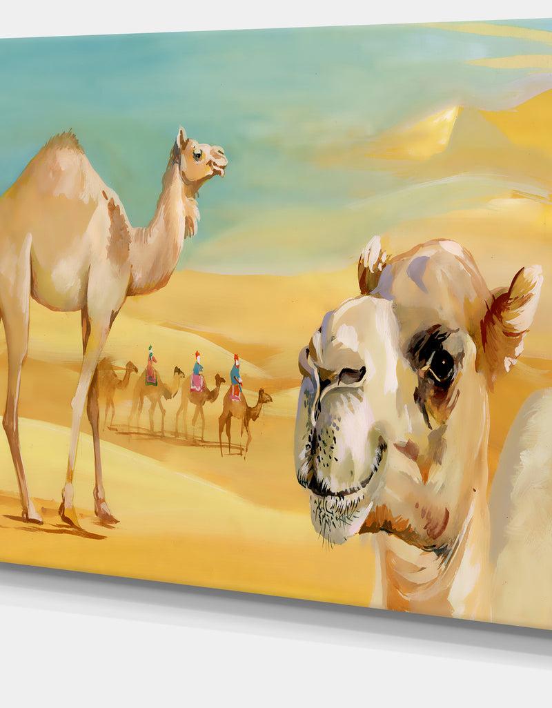 DesignQ Wandering Camels In Desert - Watercolor Animal Canvas Print
