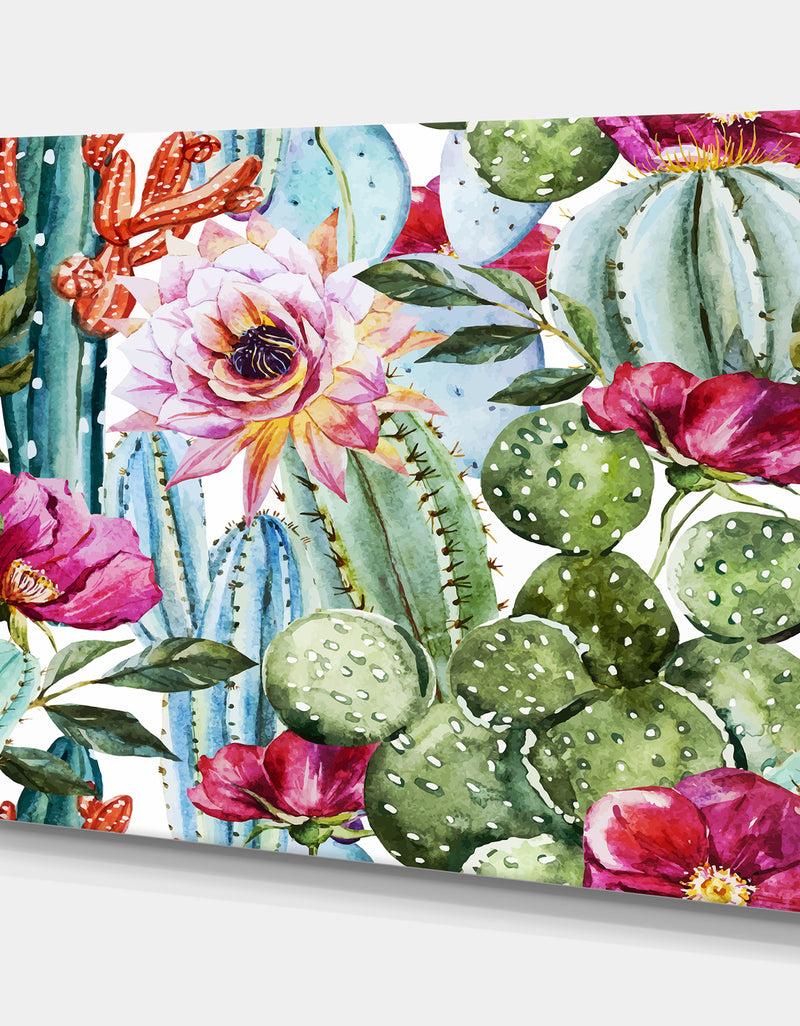 DesignQ Watercolor Cactus Pattern - Tropical Canvas Wall Art
