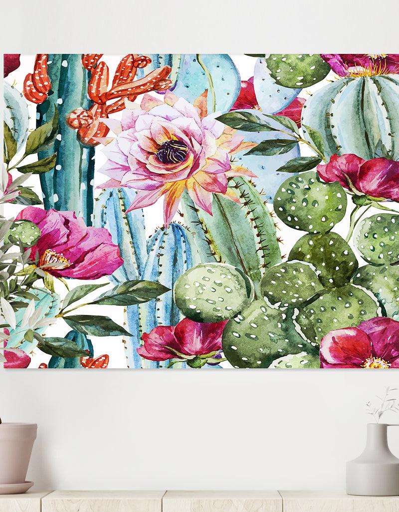 DesignQ Watercolor cactus pattern - Tropical Canvas Wall Art