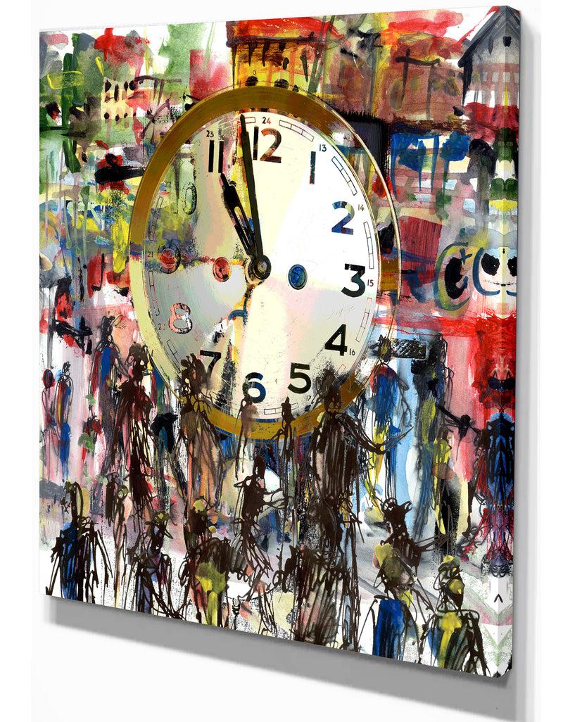 DesignQ Watercolor CLock - Contemporary Painting Print On Wrapped Canvas