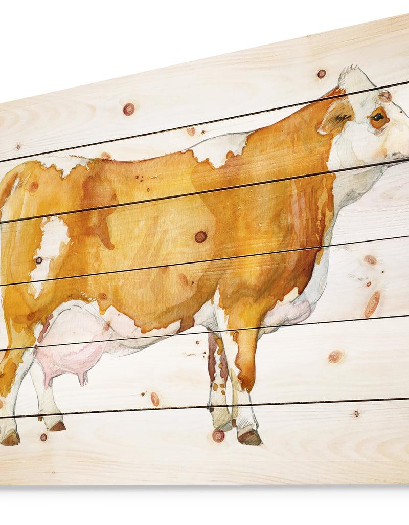 DesignQ Watercolor Dairy Cow - Farmhouse Animal Painting Print On Natural Pine Wood