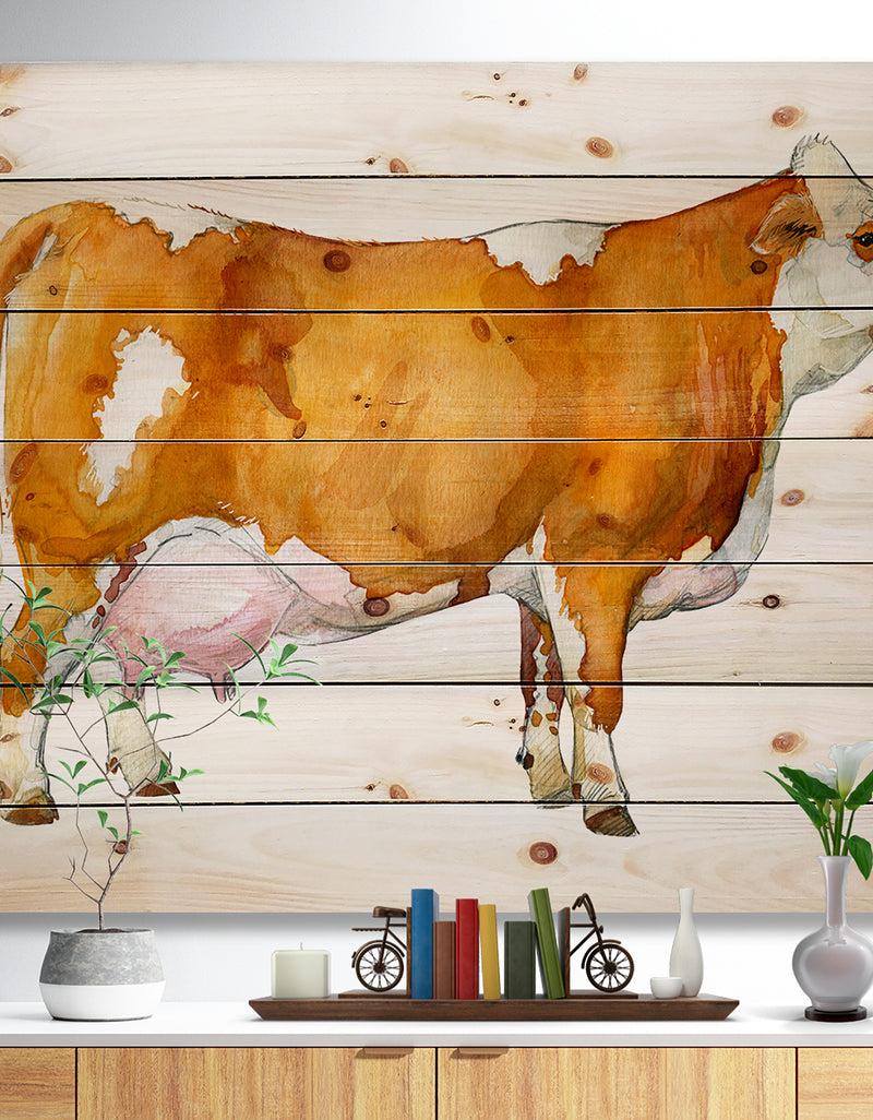DesignQ Watercolor Dairy cow - Farmhouse Animal Painting Print on Natural Pine Wood
