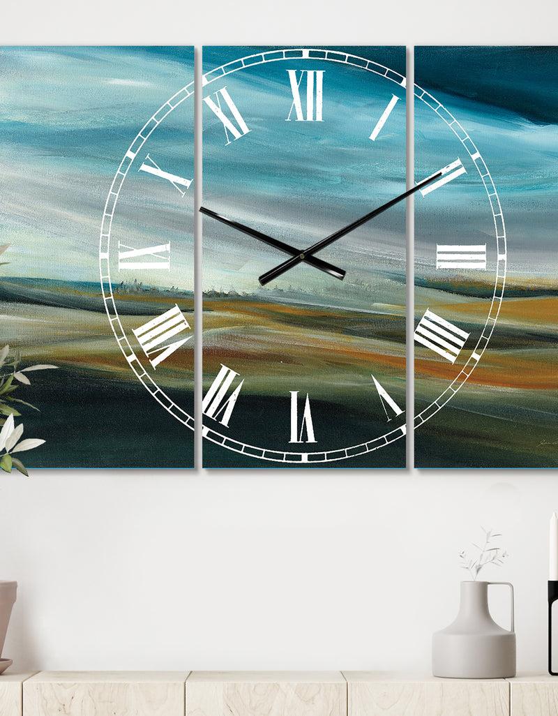 DesignQ Watercolor Desert Storm Abstract Blue - Cottage 3 Panels Oversized Wall CLock