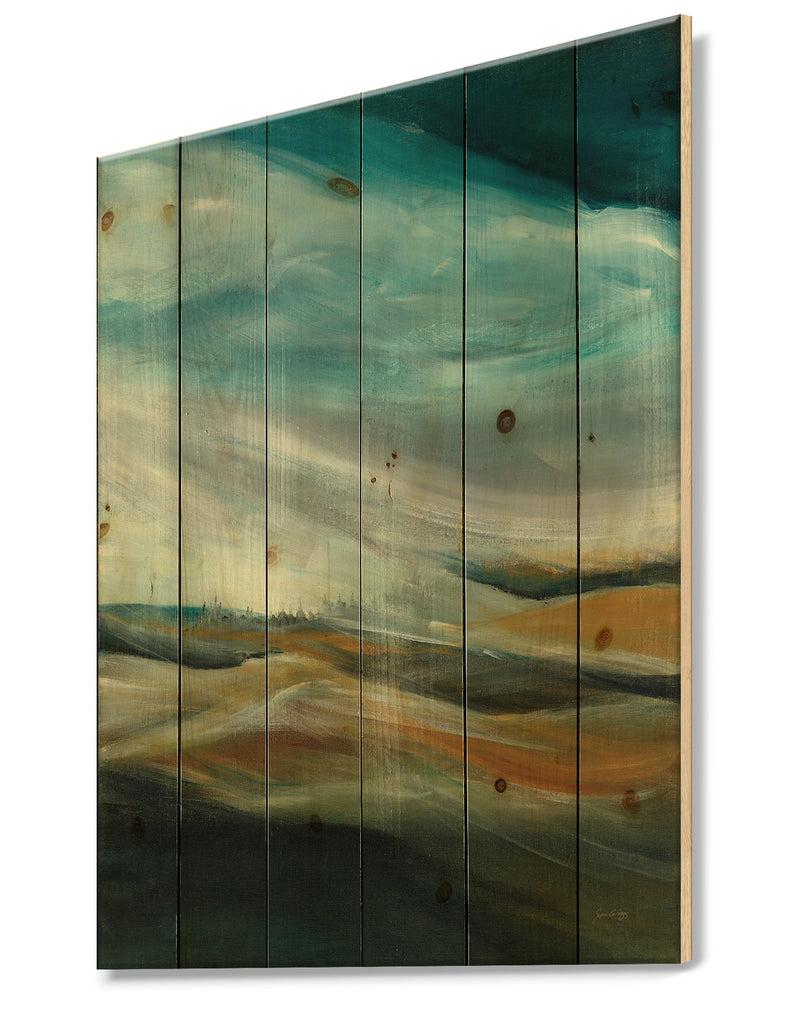 DesignQ Watercolor Desert Storm Abstract Blue - Cottage Print On Natural Pine Wood