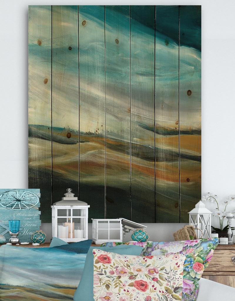 DesignQ Watercolor Desert Storm Abstract Blue - Cottage Print on Natural Pine Wood