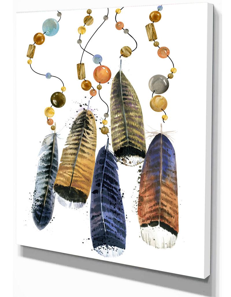 DesignQ Watercolor Feathers Set. - Animals Painting Print On Wrapped Canvas