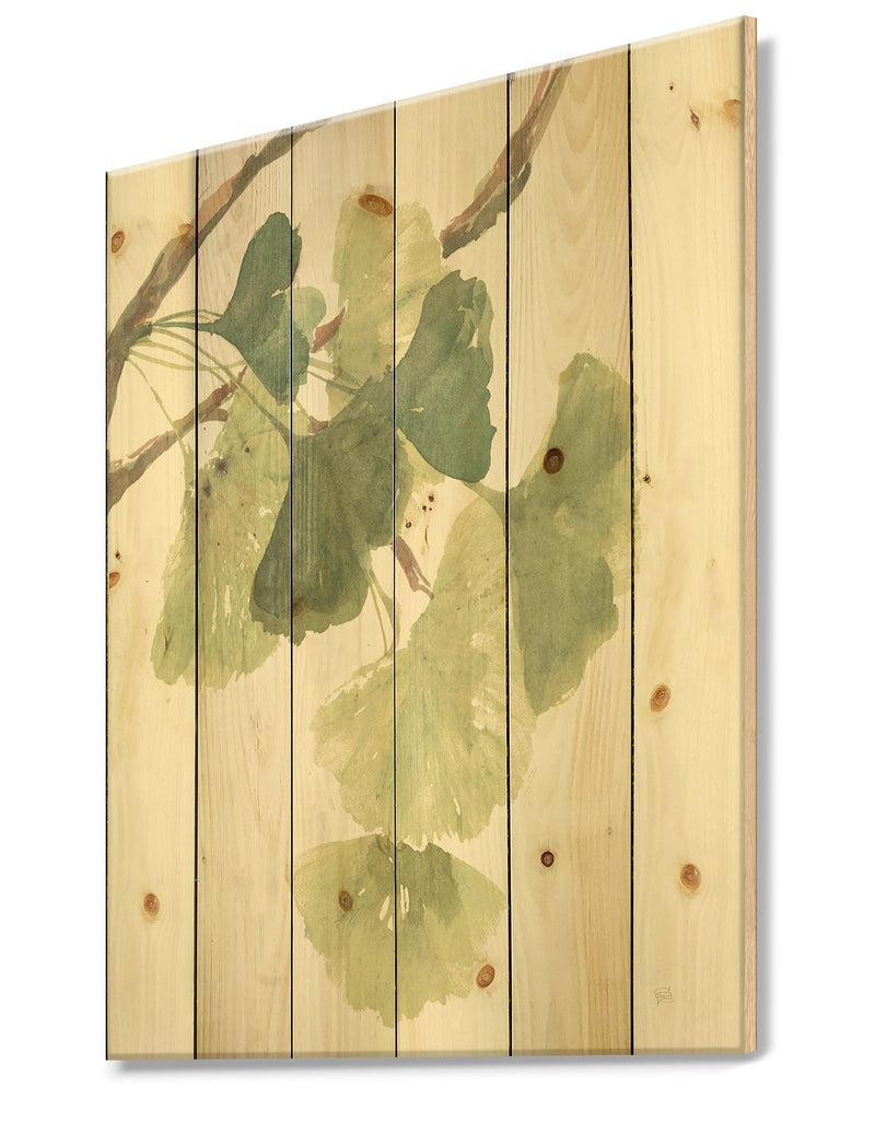 DesignQ Watercolor Gingko Leaves I - Cabin & Lodge Print On Natural Pine Wood
