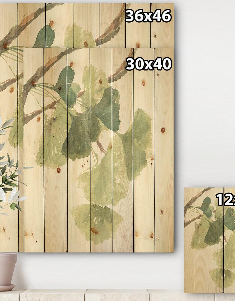 DesignQ Watercolor Gingko Leaves I - Cabin & Lodge Print On Natural Pine Wood