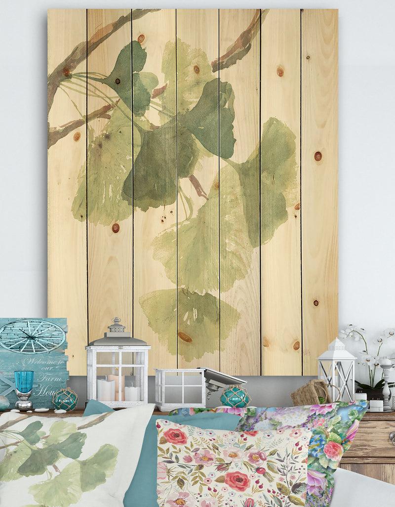 DesignQ Watercolor Gingko Leaves I - Cabin & Lodge Print on Natural Pine Wood