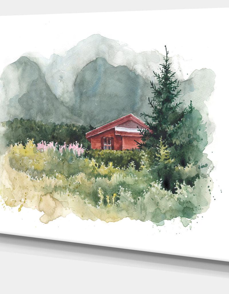 DesignQ Watercolor House Aad Mountains - Landscape Wall Artwork
