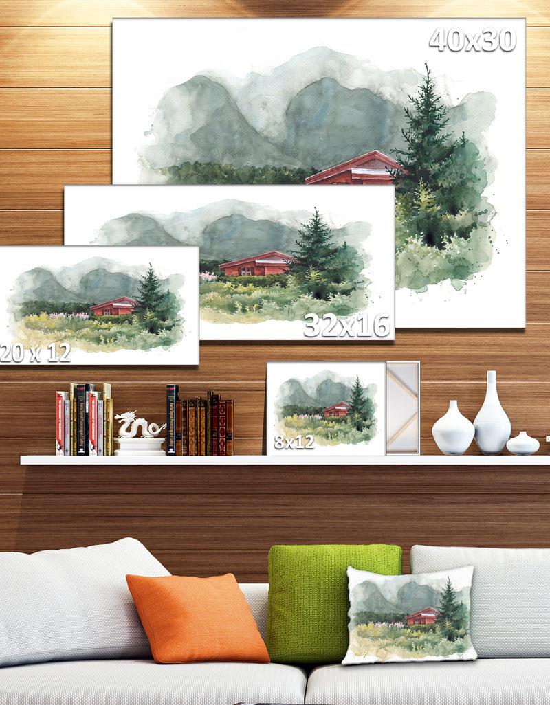 DesignQ Watercolor House Aad Mountains - Landscape Wall Artwork